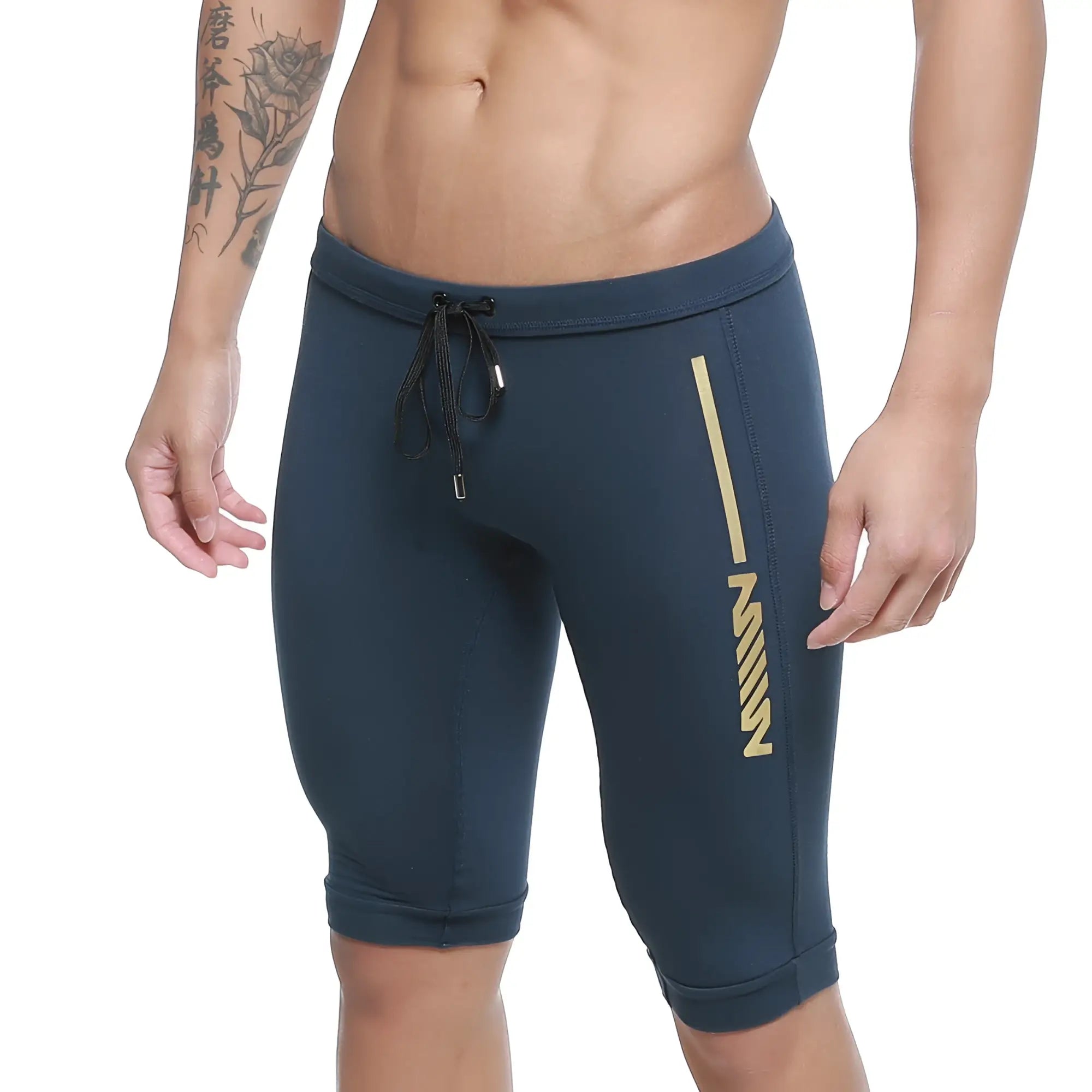 Dark blue metro malewear mojave biker athletic shorts with gold stripe logo and elastic waistband with drawstring