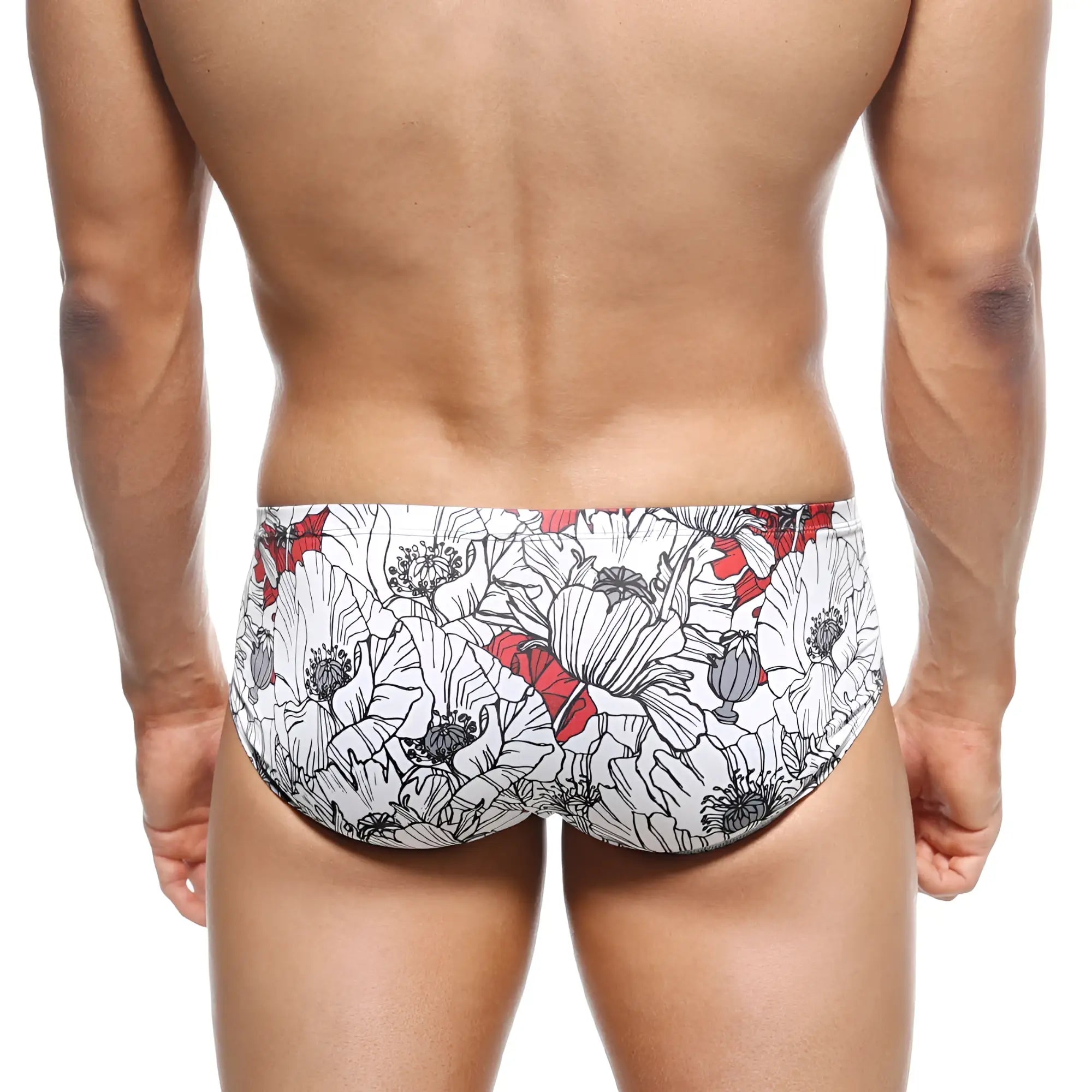 White swim trunks metro malewear mojito bikini escobar 1006-09 with bold black and red stylized poppy floral pattern