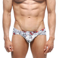 White swim trunks metroMalewear mojito bikini escobar 1006-09 with bold red and gray floral pattern