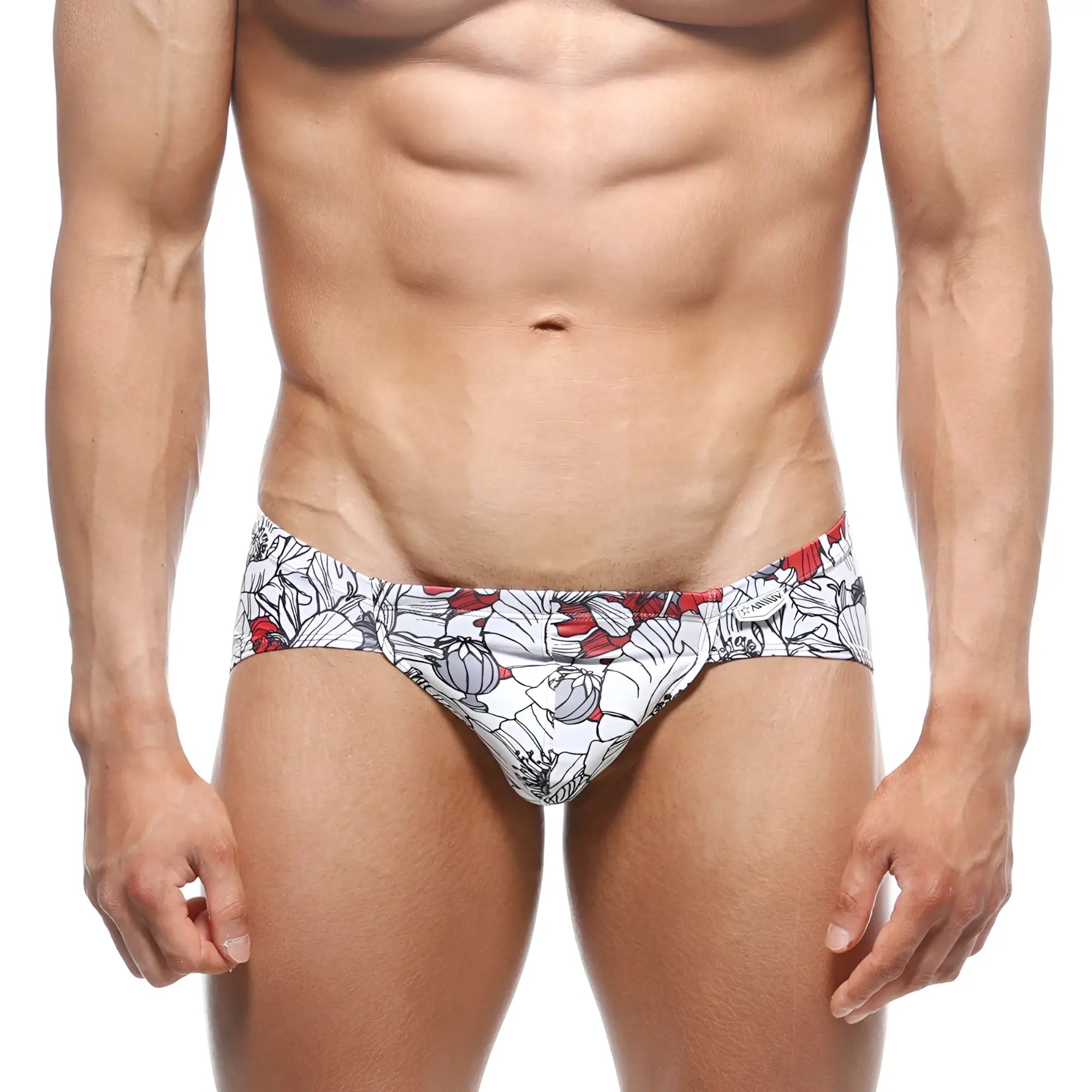 White swim trunks metroMalewear mojito bikini escobar 1006-09 with bold red and gray floral pattern