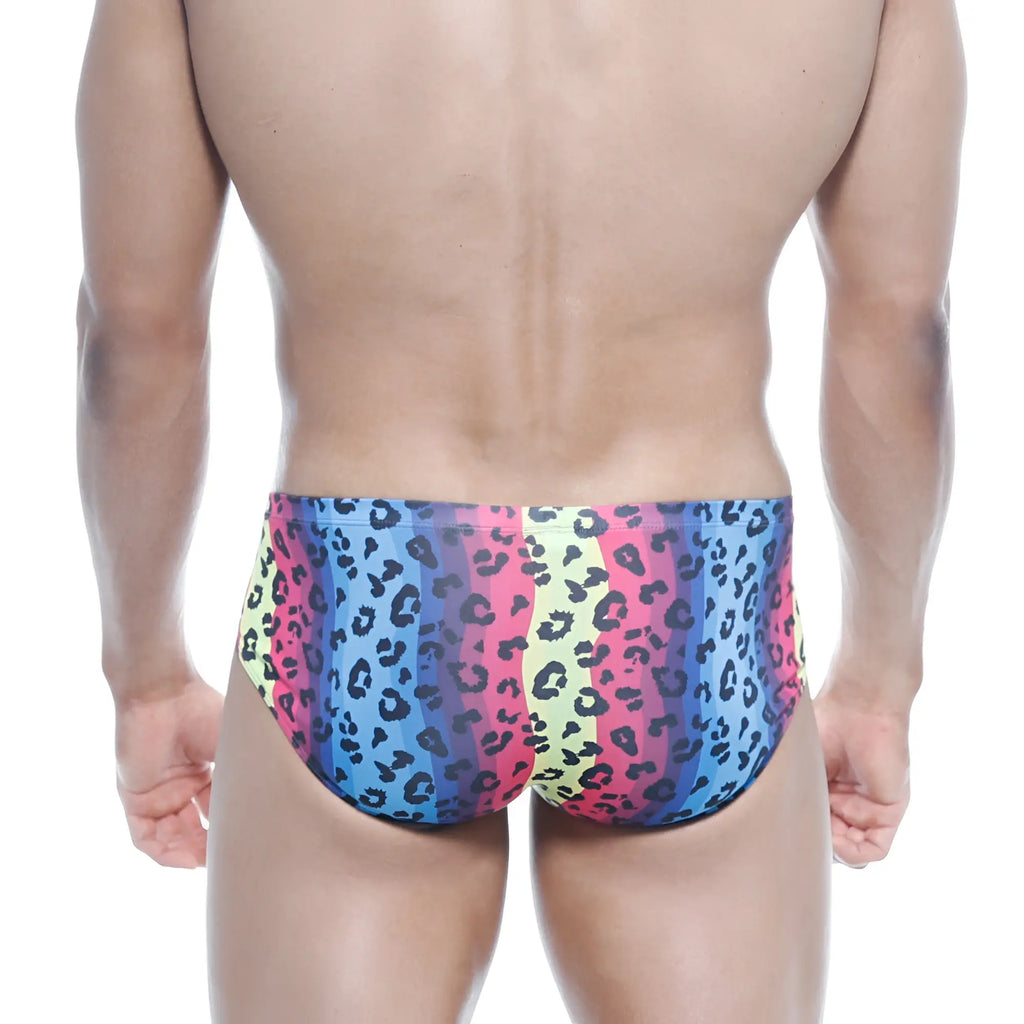 MetroMaleWear mojito bikini neon swim trunks with vibrant rainbow stripes and bold black leopard print on stretchy fabric