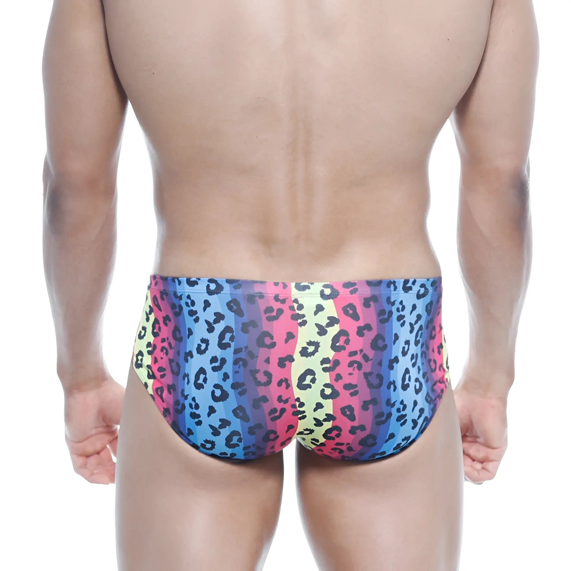 MetroMaleWear mojito bikini neon swim trunks with vibrant rainbow stripes and bold black leopard print on stretchy fabric
