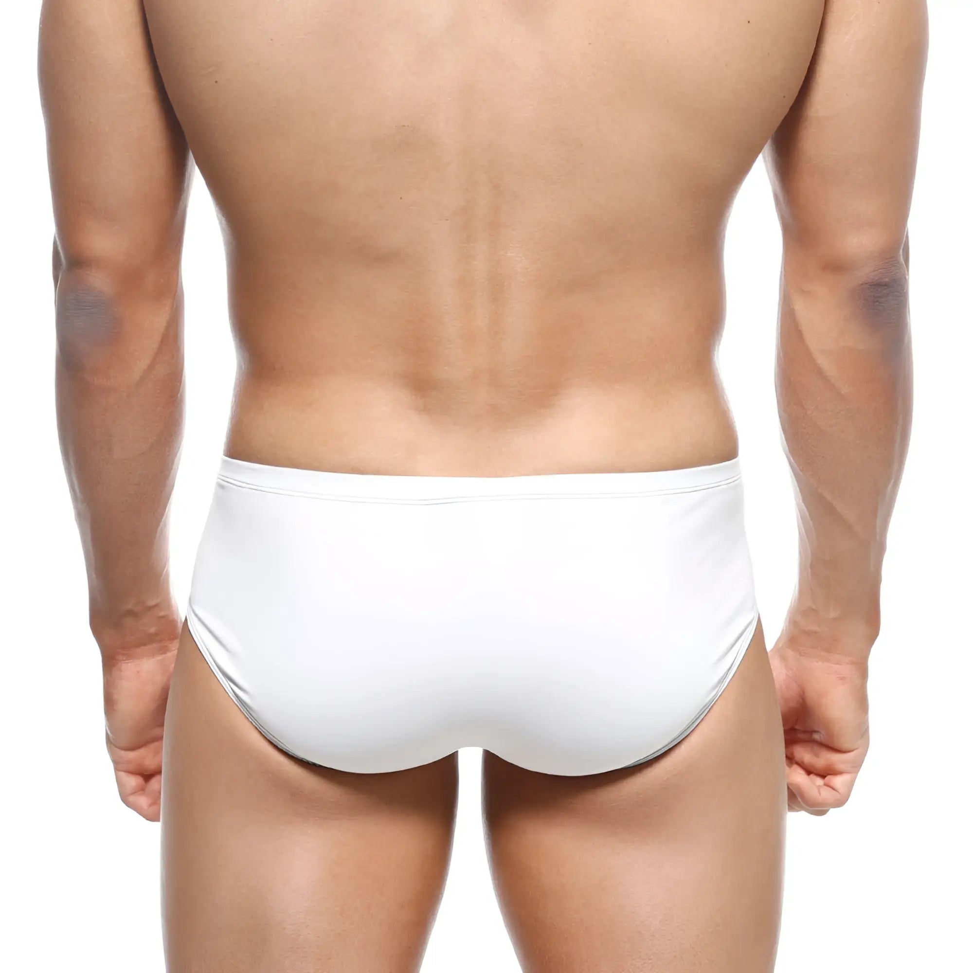 White metro malewear mojito bikini swim trunks with sleek form-fitting design and subtle gray waistband trim