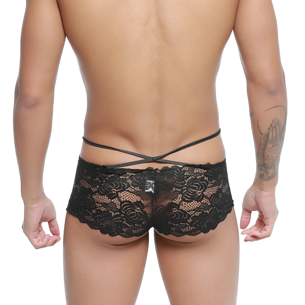 Black lace briefs with crisscross back strap design shown from back in metromalewear molino trunk black 1034-20