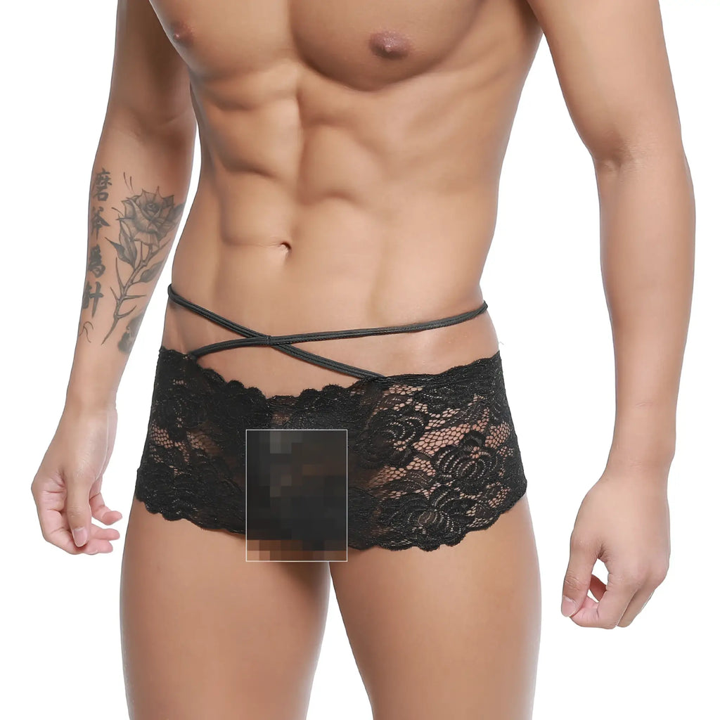 Black lace underwear with crisscross elastic straps by MetroMaleWear Molino Trunk black 1034-20 showing front view