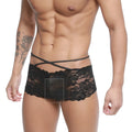 Black lace underwear with crisscross elastic straps by MetroMaleWear Molino Trunk black 1034-20 showing front view
