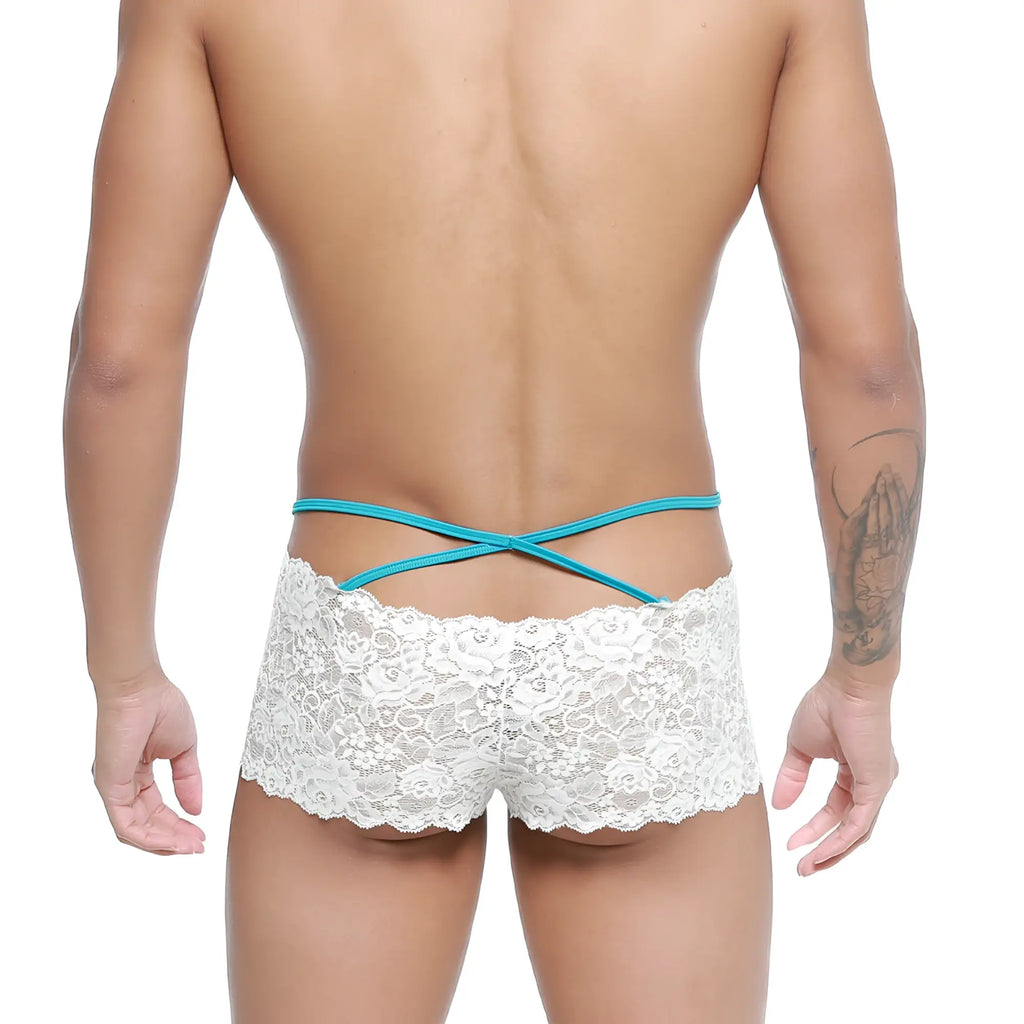 White lace men’s briefs with turquoise cross-back straps shown from the back in metromalewear molino trunk white 1034-00