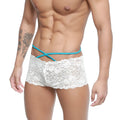 Metro male wear molino trunk white 1034-00 men’s white lace underwear with turquoise elastic straps front view