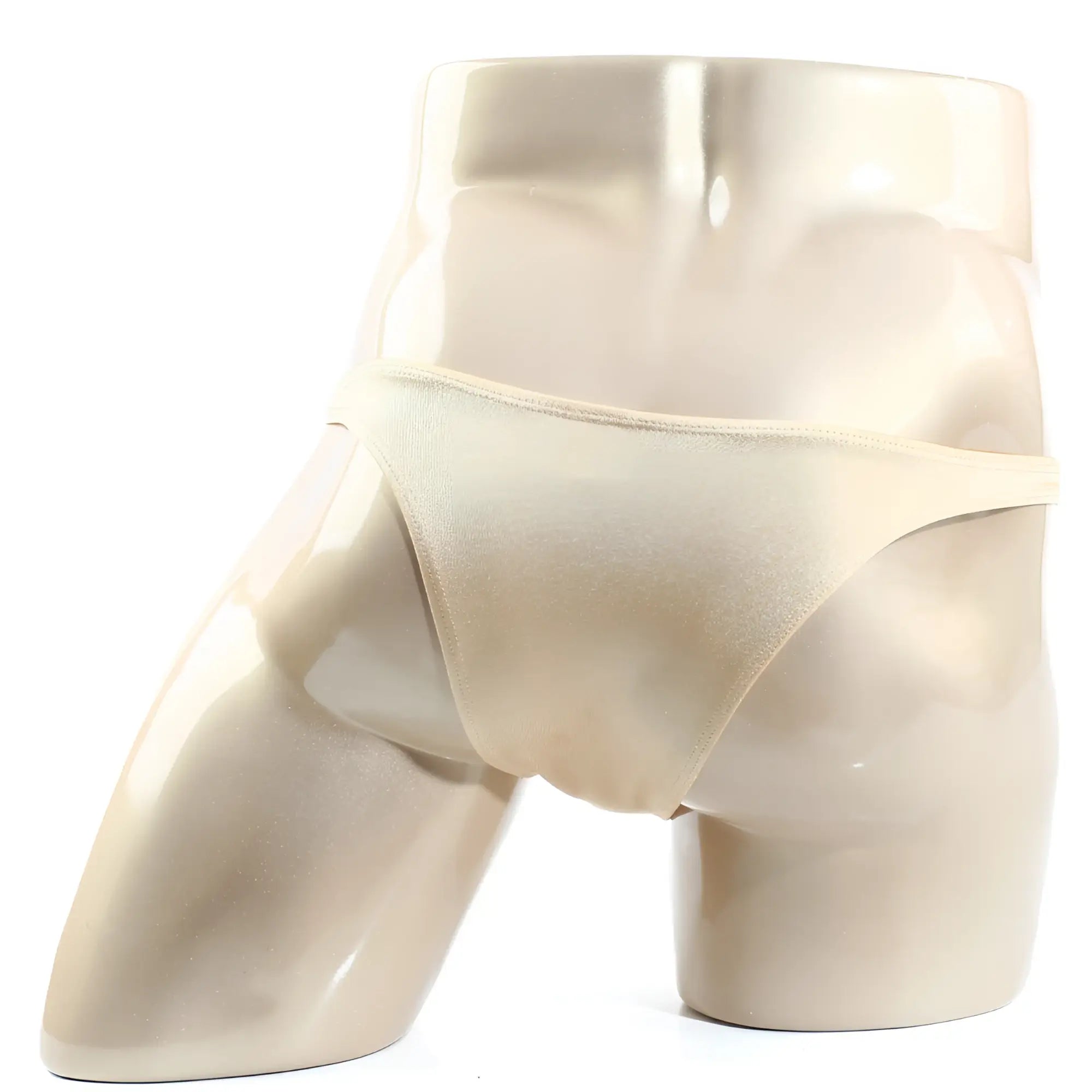 Beige satin thong on a mannequin metroMaleWear Monaco bikini gold 6010-21 front view