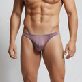 MetroMalewear Monaco bikini lilac 6010-03 is a sleek satin-finish mauve thong with a subtle mew logo embroidered front