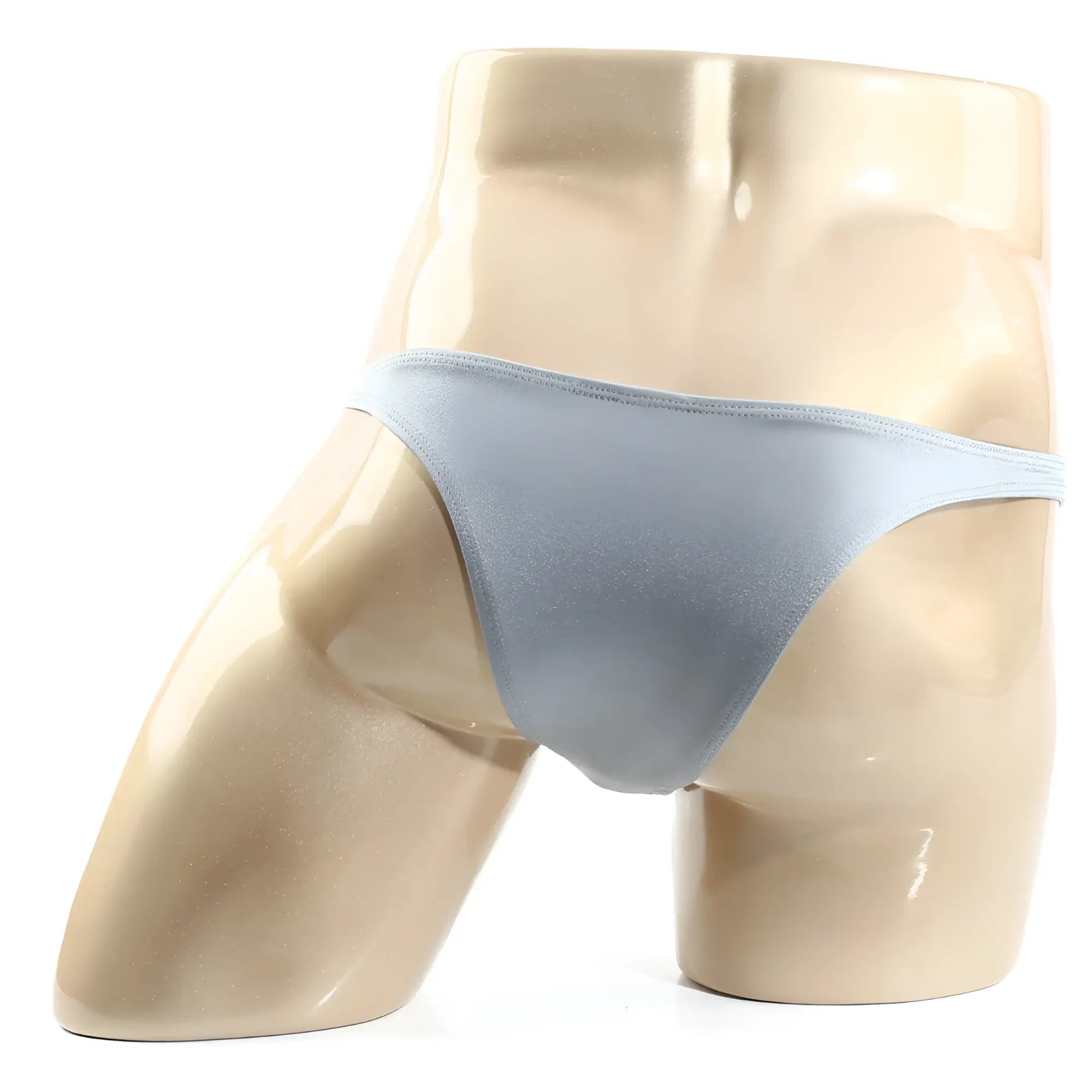 Light blue satin thong displayed on a mannequin from metromalewear monaco bikini silver 6010-10 collection