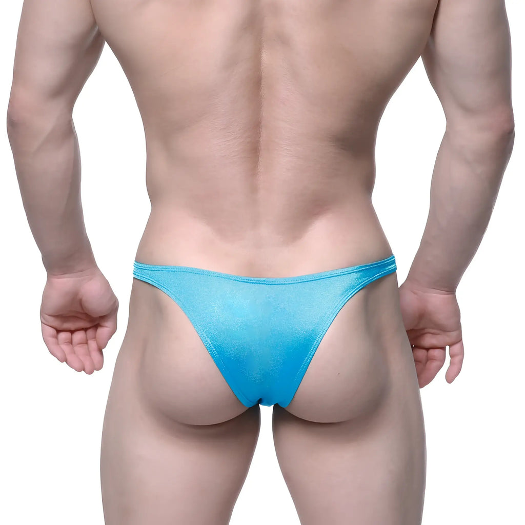 A vibrant blue shimmering fabric thong from MetroMaleWear Monaco Bikini turquoise 6010-08 with a smooth translucent texture