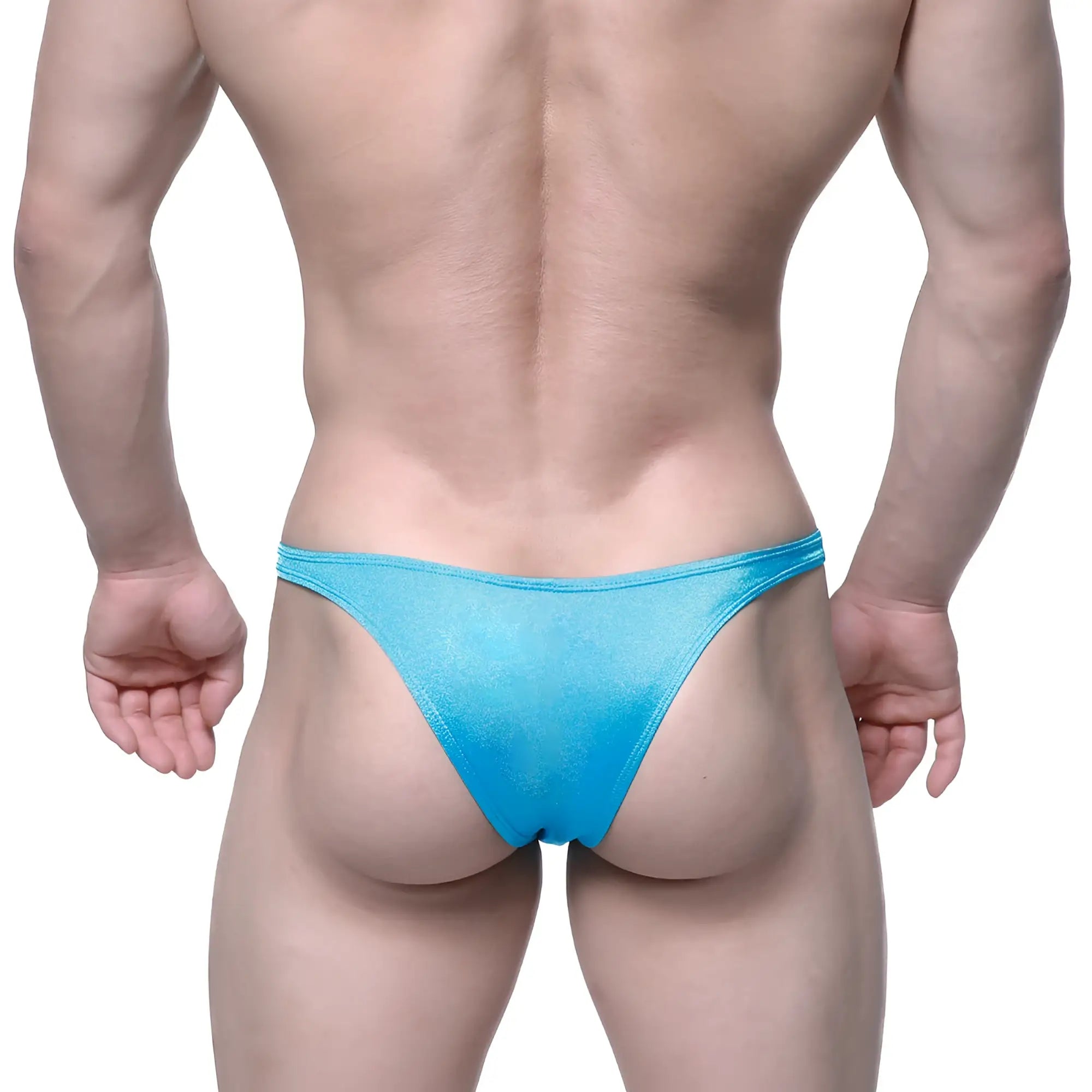 A vibrant blue shimmering fabric thong from MetroMaleWear Monaco Bikini turquoise 6010-08 with a smooth translucent texture