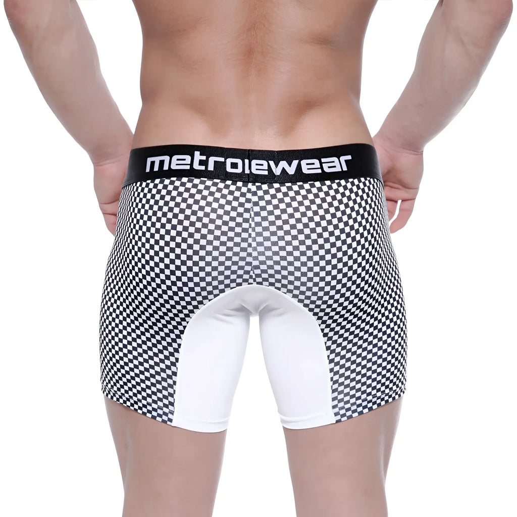 Image of the back side of black and white checkered metroiewear boxers with white panel and black branded waistband