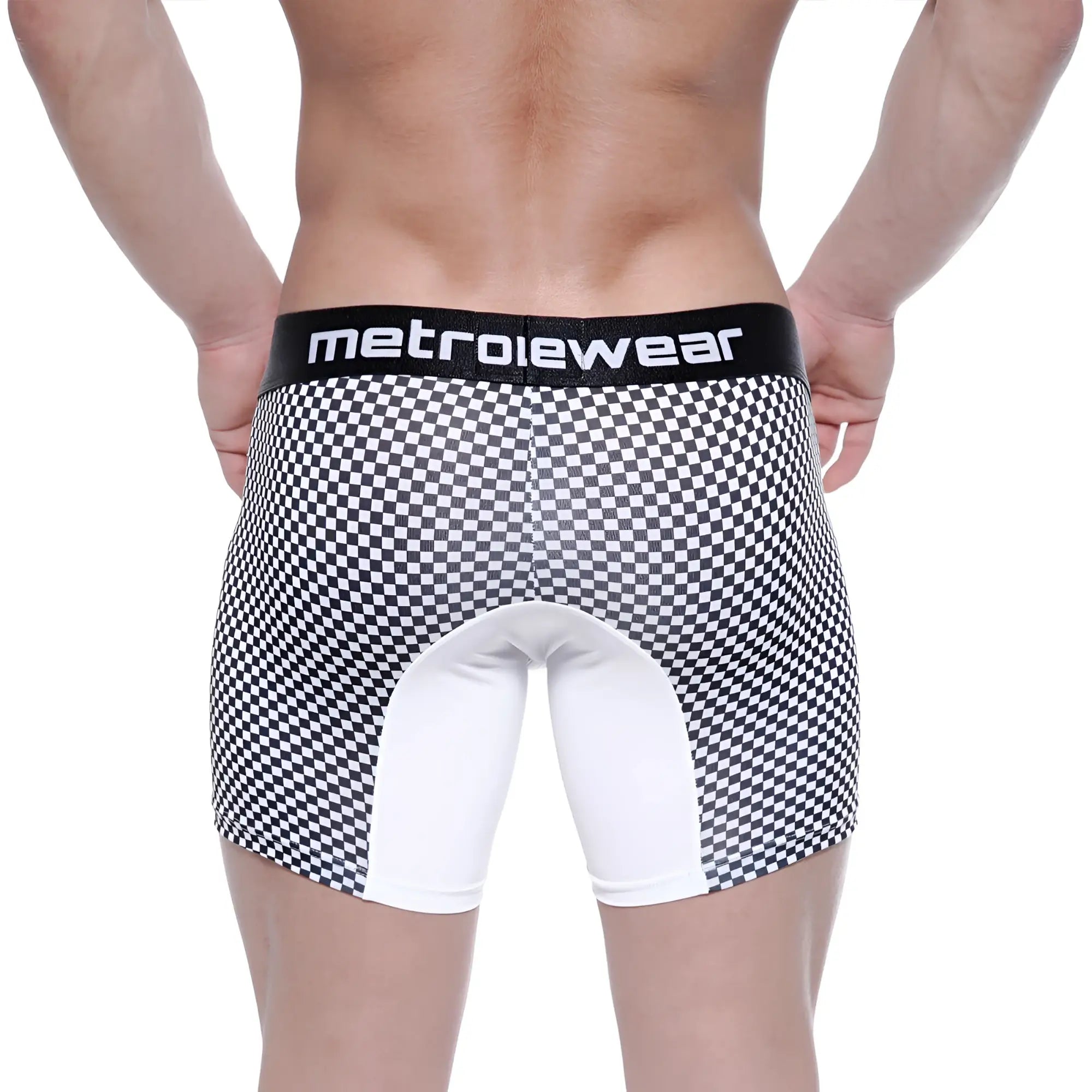 Image of the back side of black and white checkered metroiewear boxers with white panel and black branded waistband