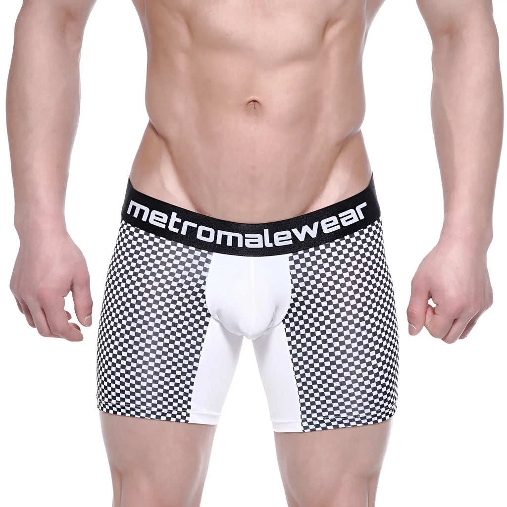 MetroMaleWear mosaic mid boxer 10 inch black and white checkered briefs with solid white panel and branded waistband