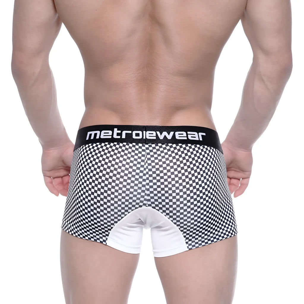 Black and white checkered metro malewear mosaic short boxer briefs with white crotch panel and black waistband