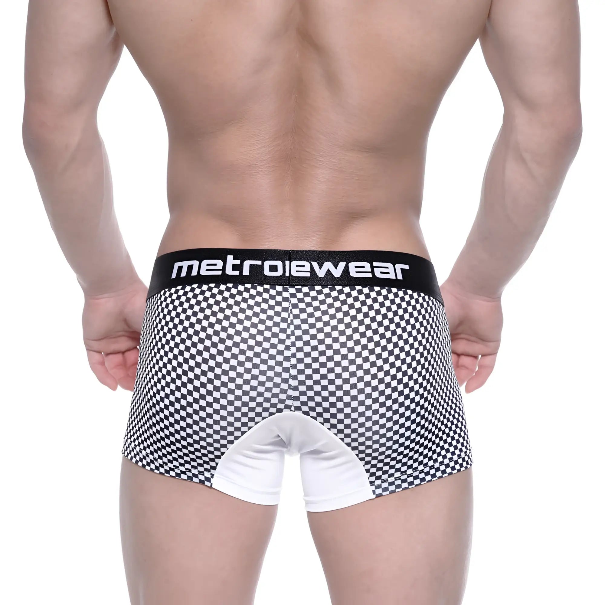 Black and white checkered metro malewear mosaic short boxer briefs with white crotch panel and black waistband