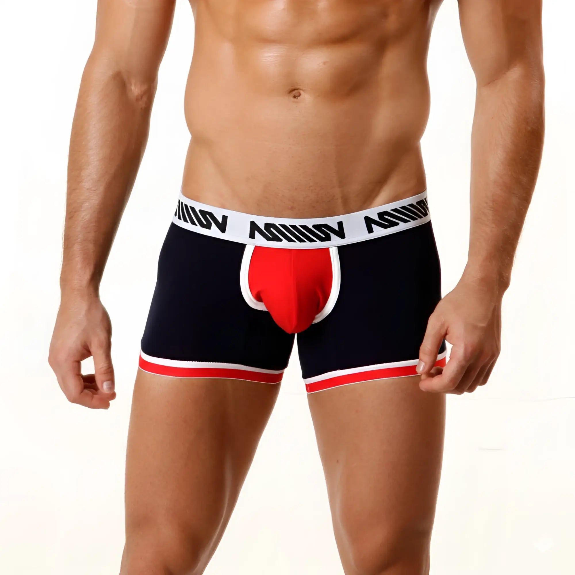 MetroMaleWear multi color navy and red men’s boxer briefs with white trim and bold m logo waistband 7 inch length