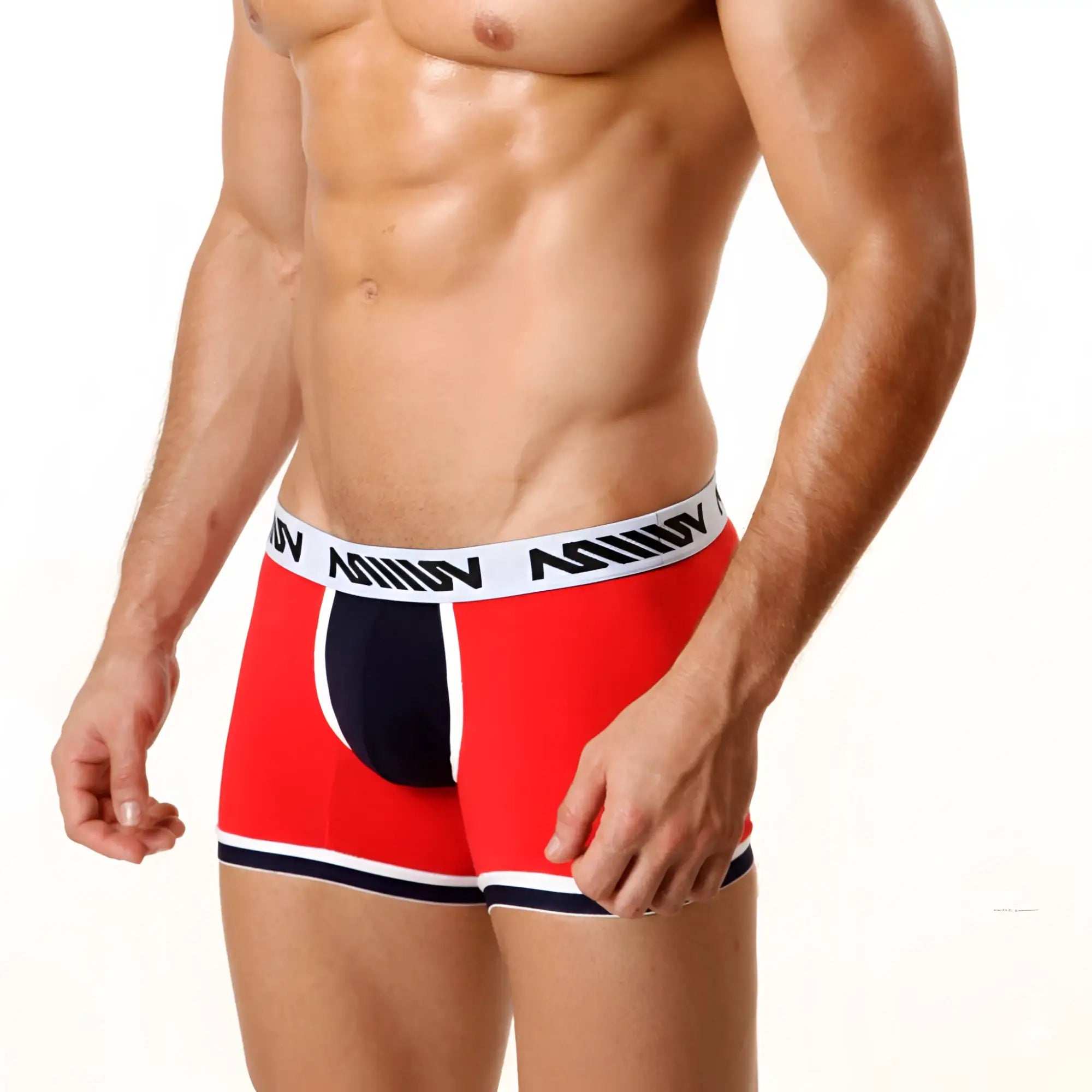 MetroMaleWear multi color short boxer 7inch in red and navy blue with white waistband featuring anv logo in black