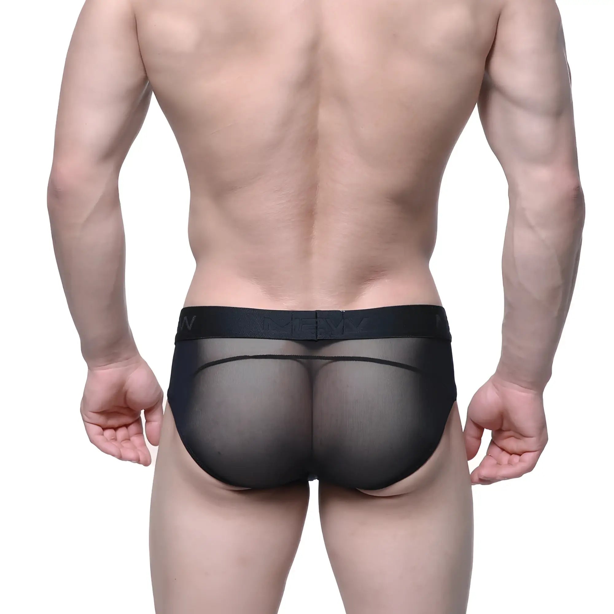 Black sheer mesh briefs with a solid black elastic waistband featuring MetroMaleWear logo model MW Brief Tull 5403-71