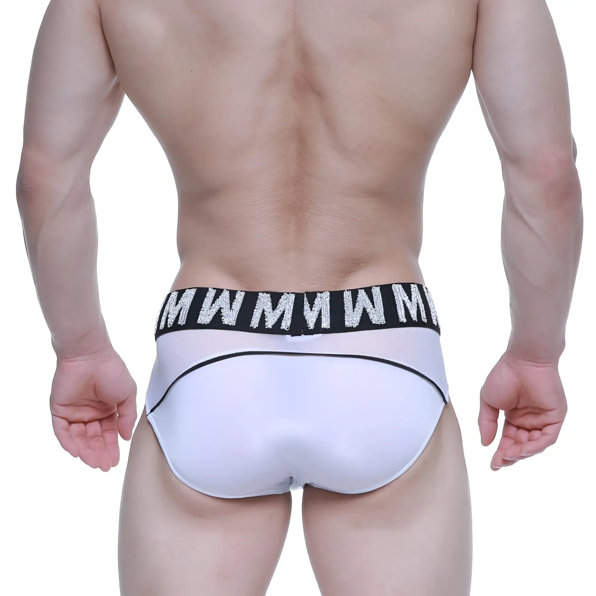 White metro malewear mw brief 5403-00 athletic briefs with black waistband and silver glitter lettering