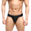 Black men’s thong with sleek minimalist design and small white logo on waistband metro male wear naked bikini black
