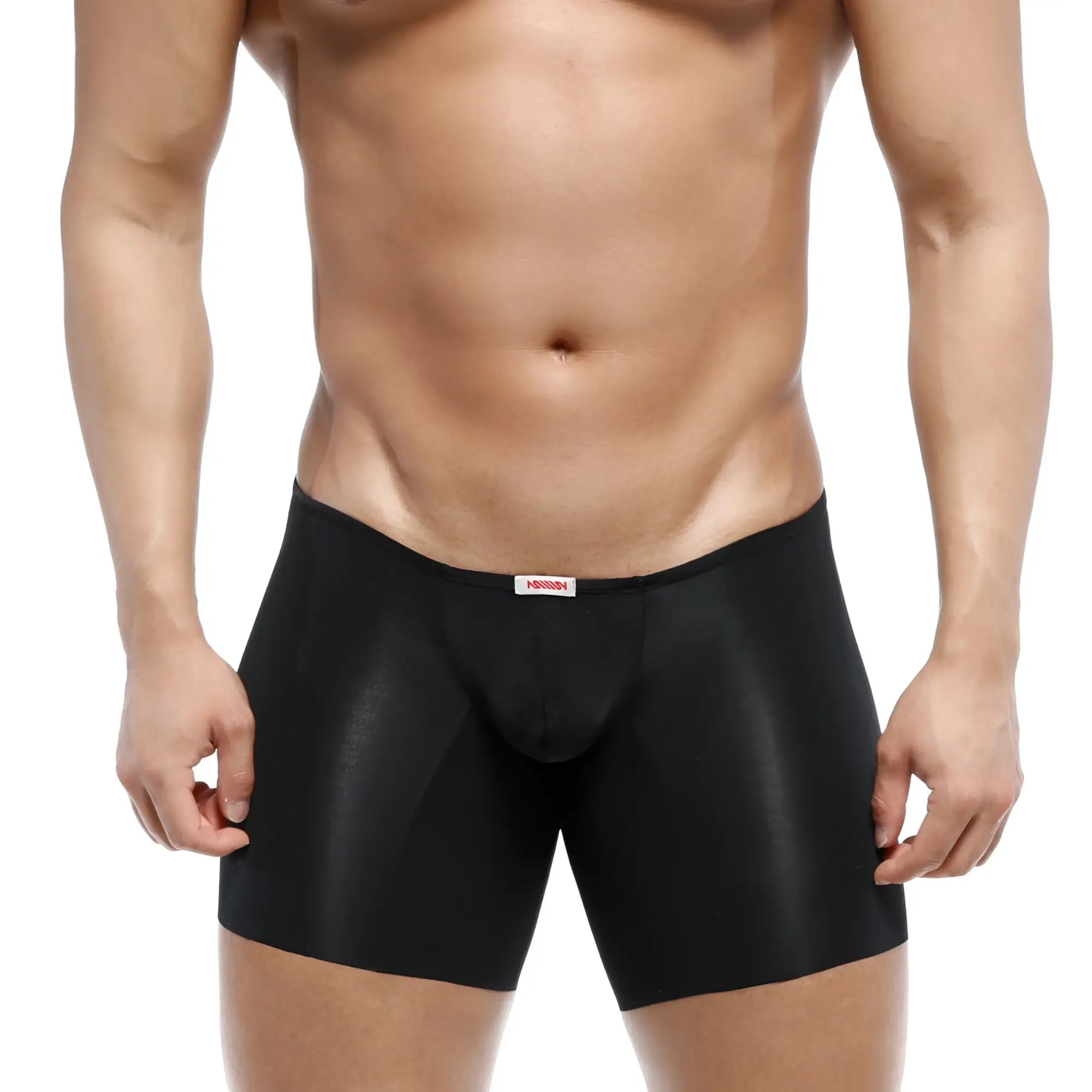 MetroMaleWear naked mid boxer black men’s sleek satin finish form-fitting boxer briefs with red brand tag at waistband