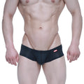 Black mesh briefs with a red brand tag on the waistband from MetroMaleWear nano short boxer black 7113-20