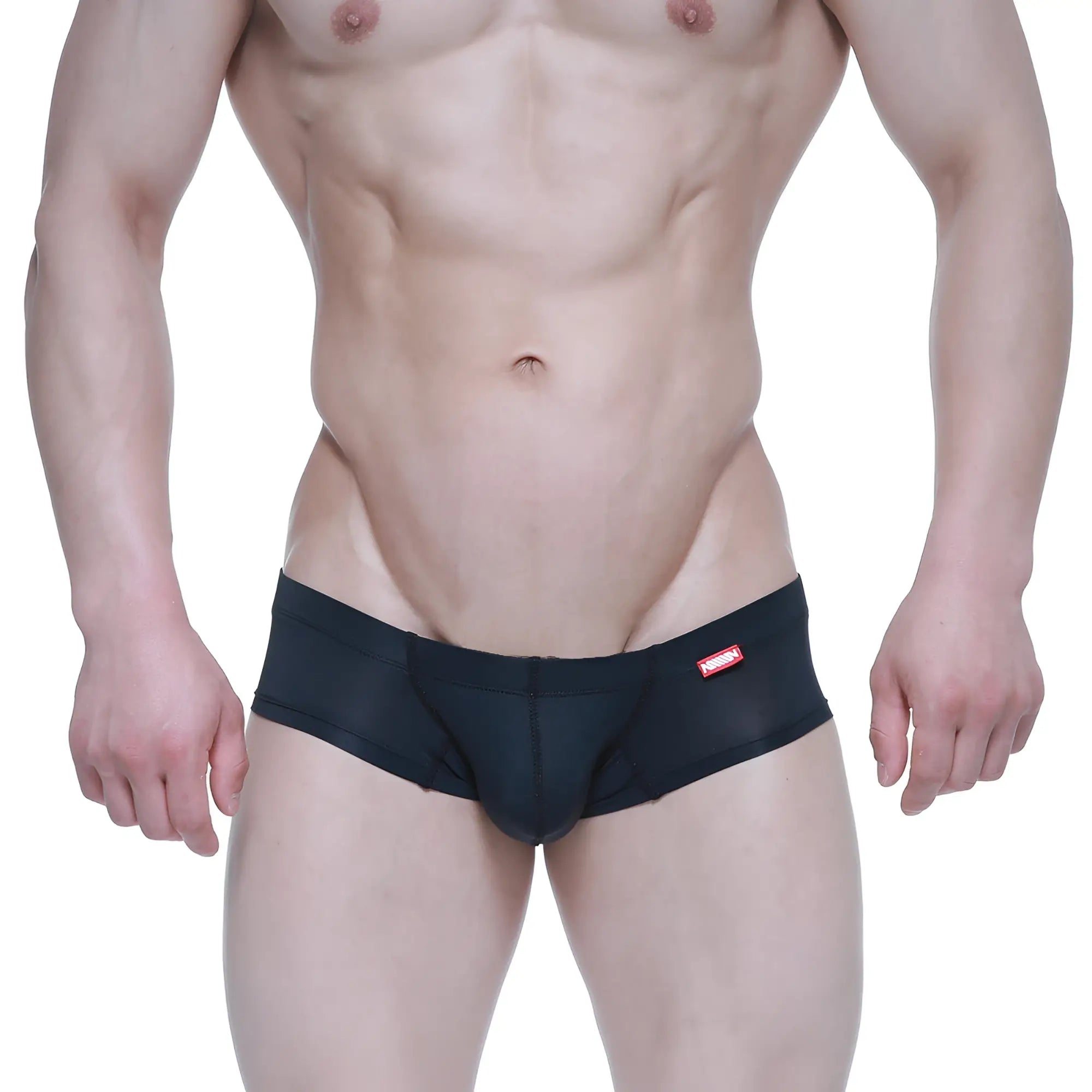 Black mesh briefs with a red brand tag on the waistband from MetroMaleWear nano short boxer black 7113-20