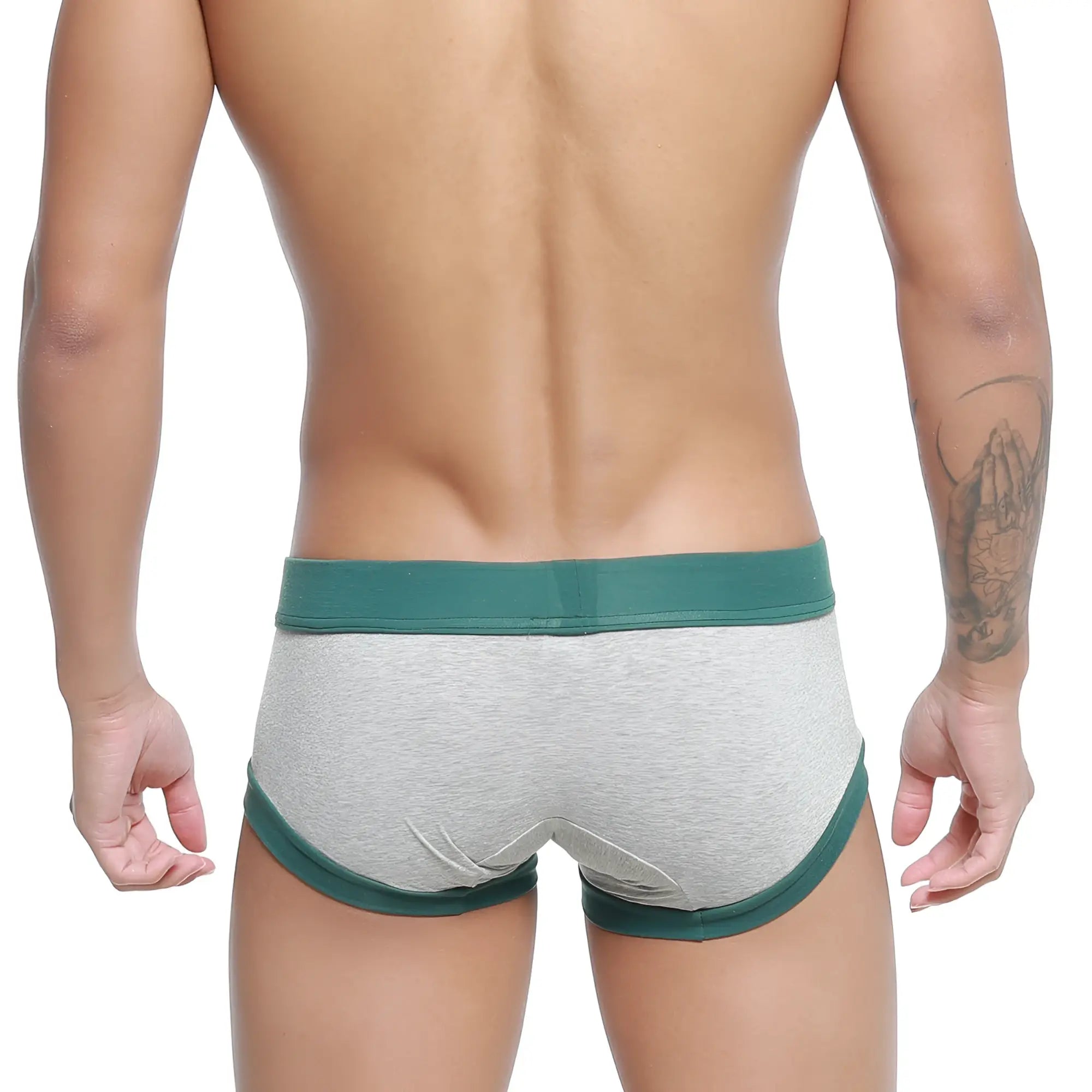 Gray heathered briefs with dark green elastic waistband and leg openings metroMalewear nano trunk gray 7016-10