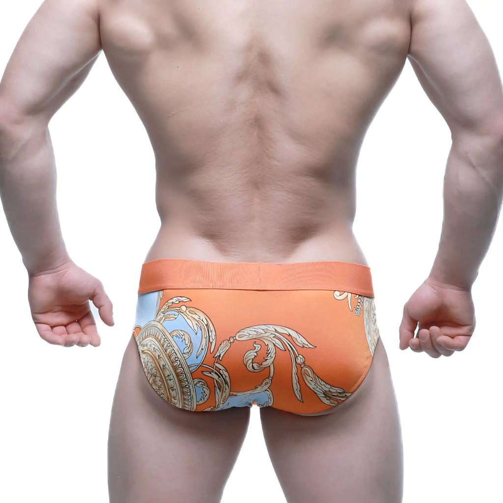 Orange men’s briefs with blue and gold ornate pattern from metromalewear narangja brief 5203-24 collection
