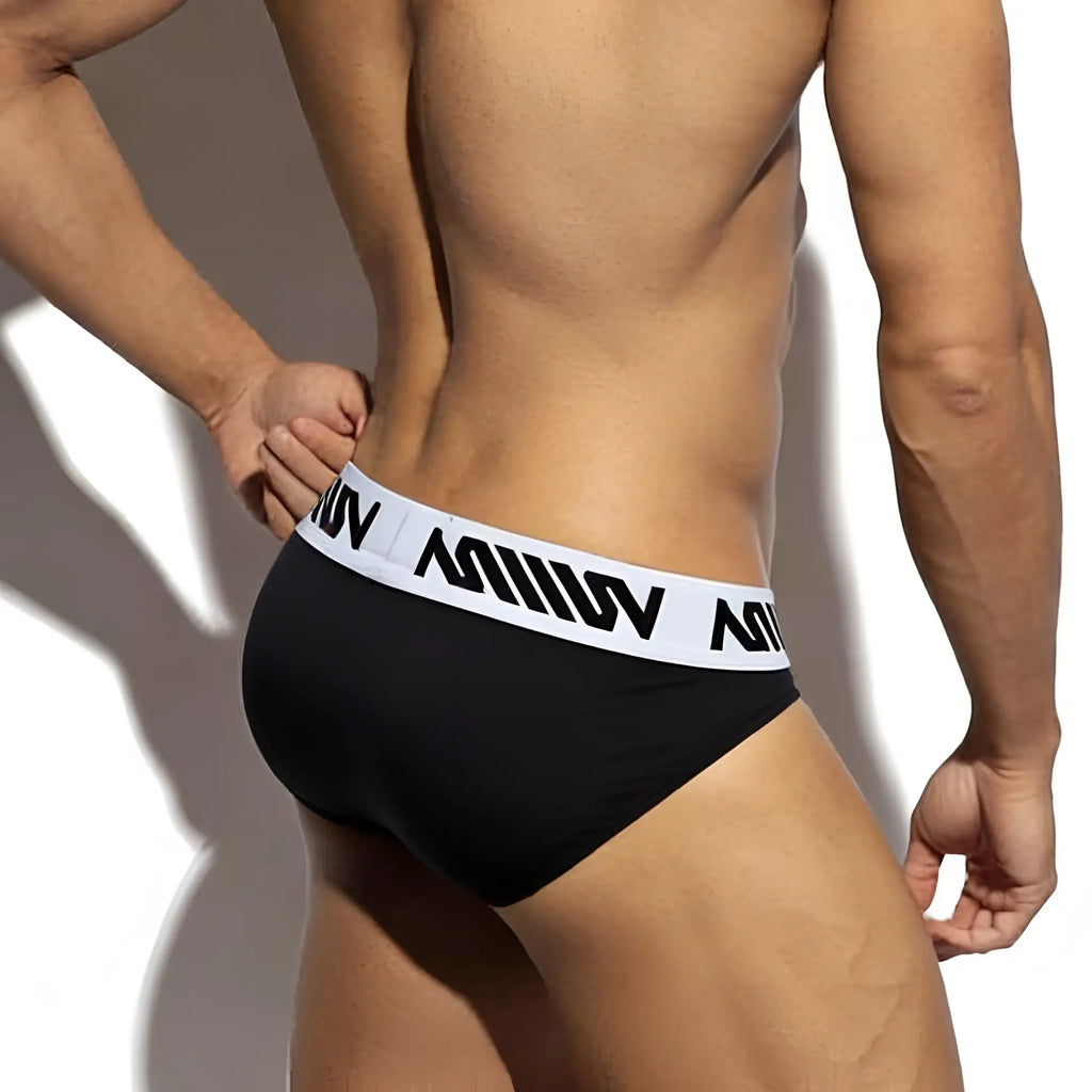 Black mens briefs metro male wear nasca brief black 6225-20 with white elastic waistband and bold black miiow branding