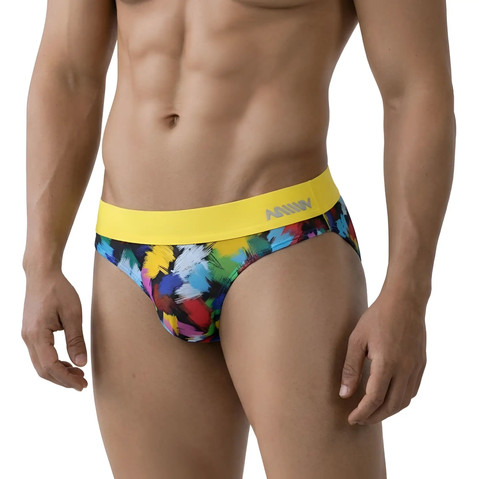 MetroMalewear Nasca brief yellow 6225-60 with vibrant abstract paint-splatter pattern and bold yellow annn logo waistband