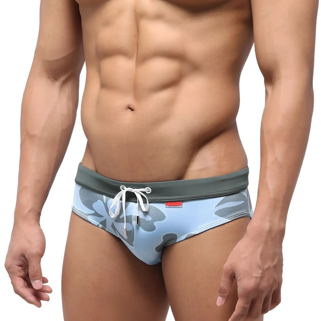 Light blue metro male wear nature swim brief with gray camouflage pattern and white drawstring waistband