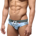 Light blue metro male wear nature swim brief with gray camouflage pattern and white drawstring waistband