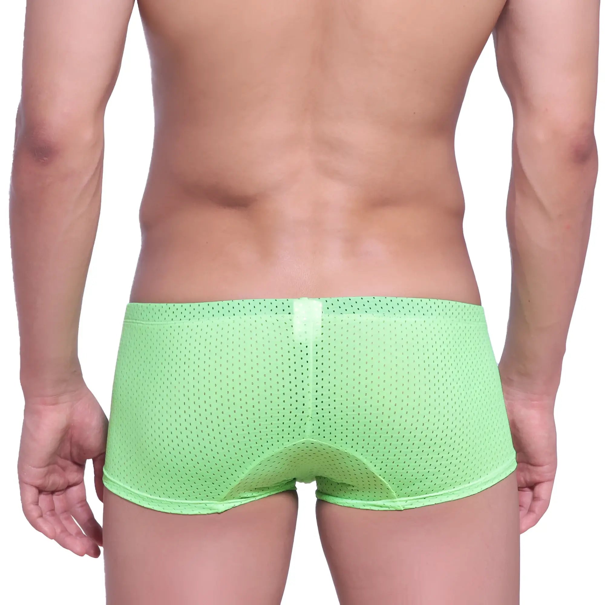 Bright lime green mesh briefs with a subtle white tab at the back from MetroMaleWear Neon Boxer Green 1222-07