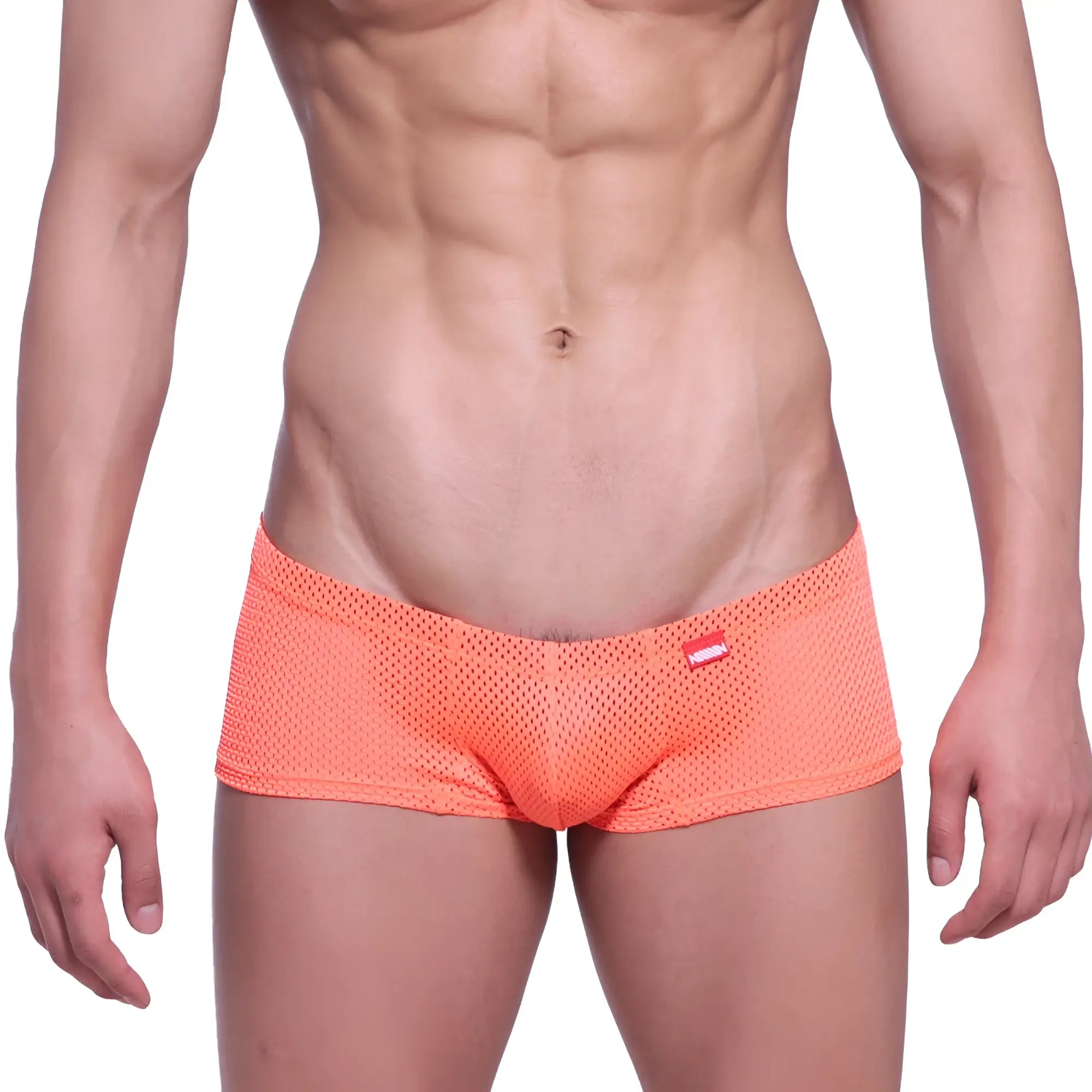 Orange mesh briefs with a red and white logo on the waistband from metromalewear neon boxer 1222-14 collection