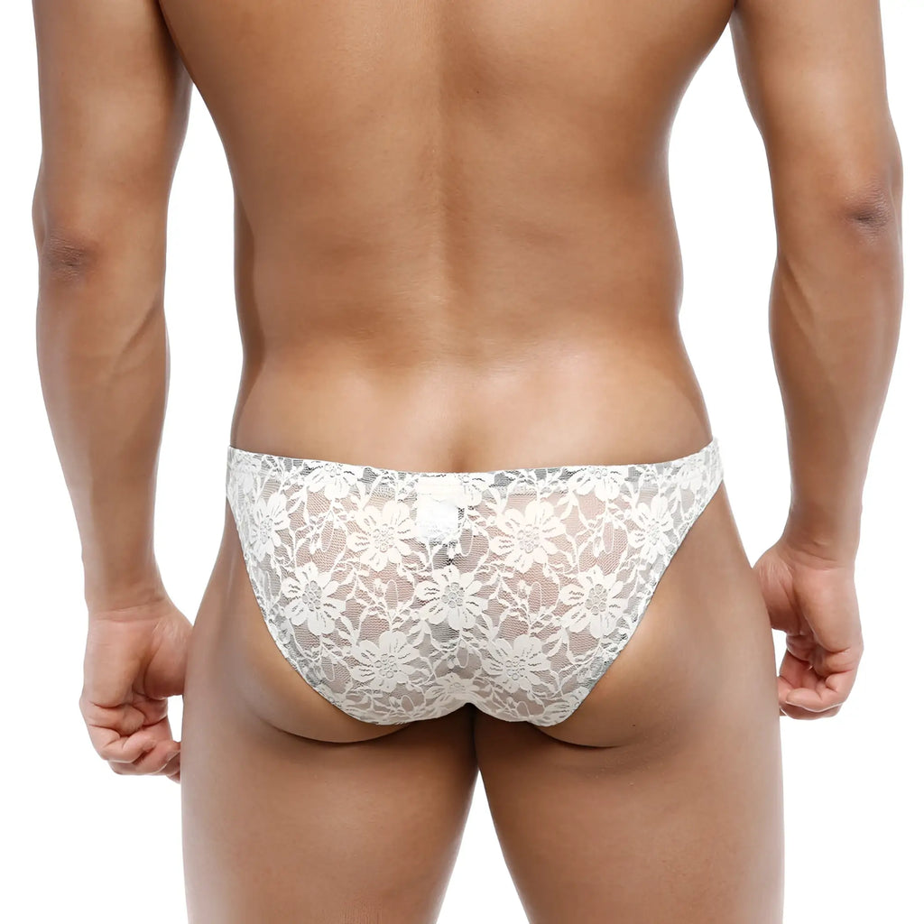 White floral lace men’s briefs from MetroMaleWear net bikini lace nude 1104-01 featuring delicate lace material
