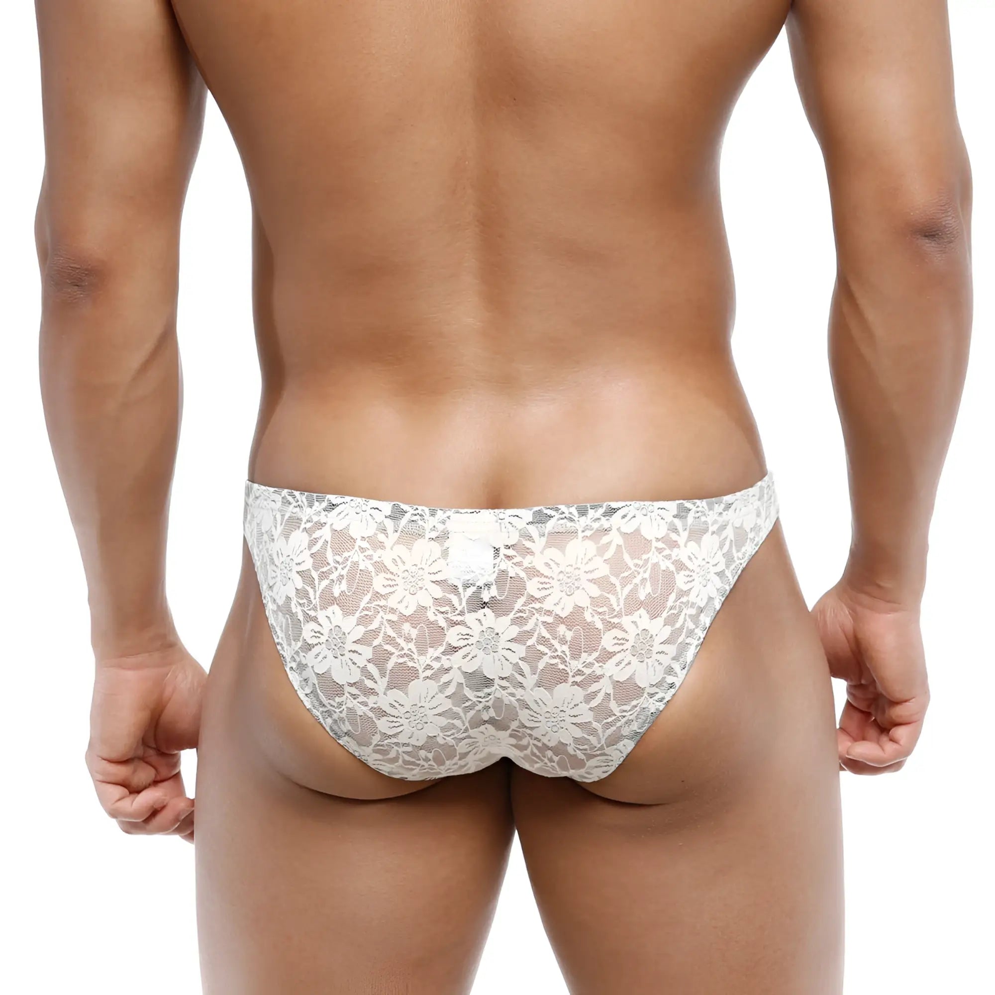 White floral lace men’s briefs from MetroMaleWear net bikini lace nude 1104-01 featuring delicate lace material
