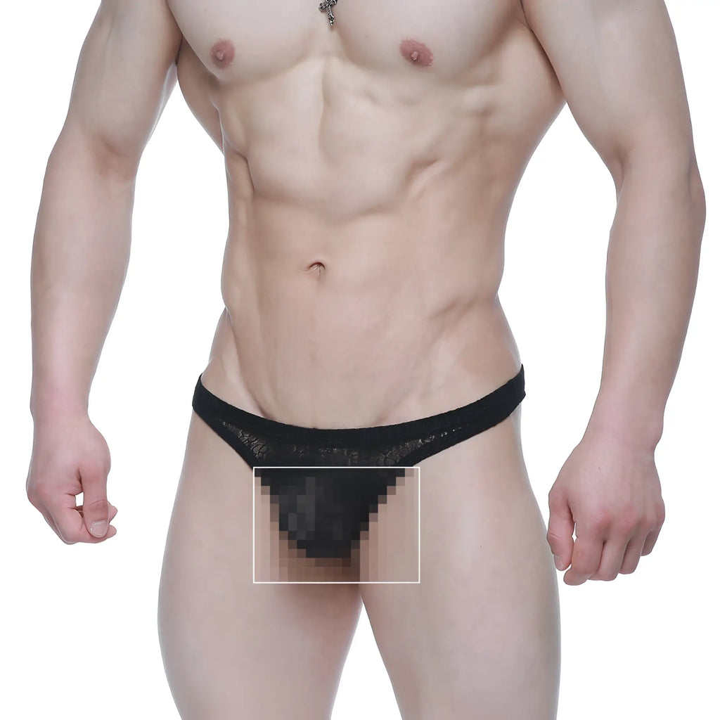 Black lace thong with sheer patterned design from MetroMaleWear net G lace black 1122-70, front view