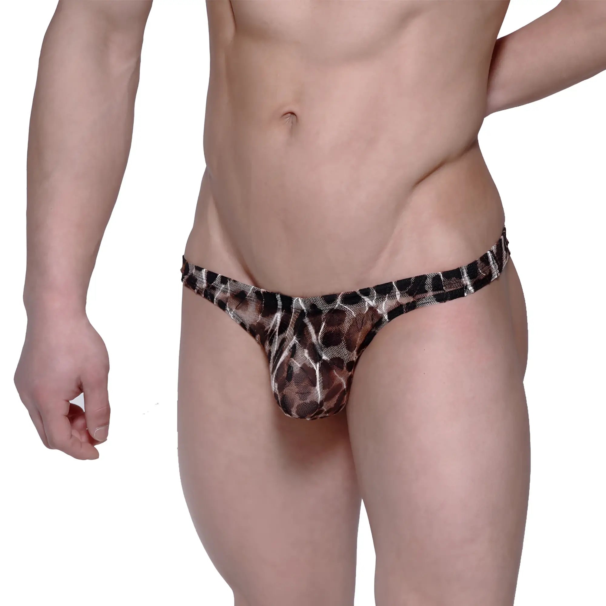 Sheer mesh leopard print thong in black and brown tones from MetroMaleWear net g leopard 1122-60 collection