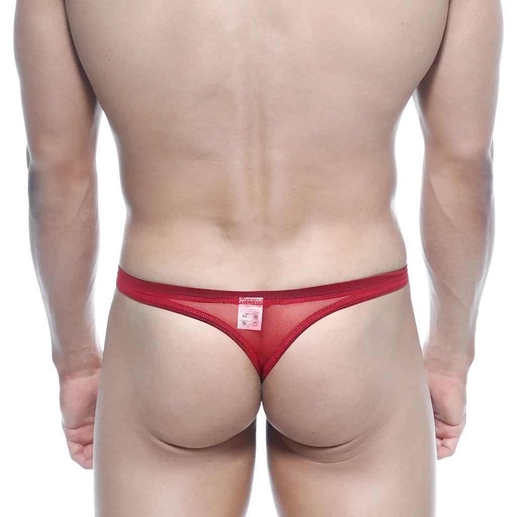 Back view of metromalewear net g red red mesh thong with a small rectangular label at the back