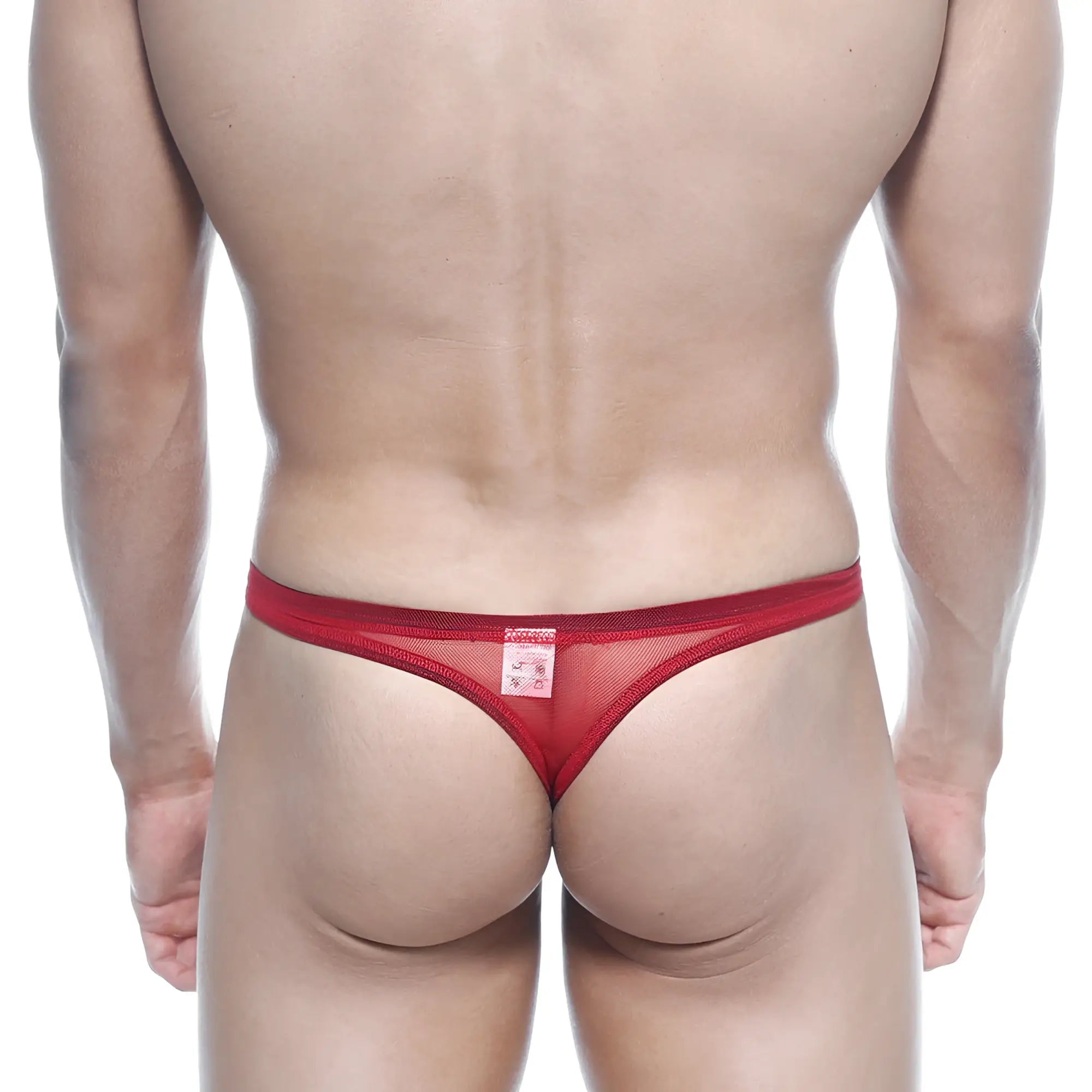 Back view of metromalewear net g red red mesh thong with a small rectangular label at the back