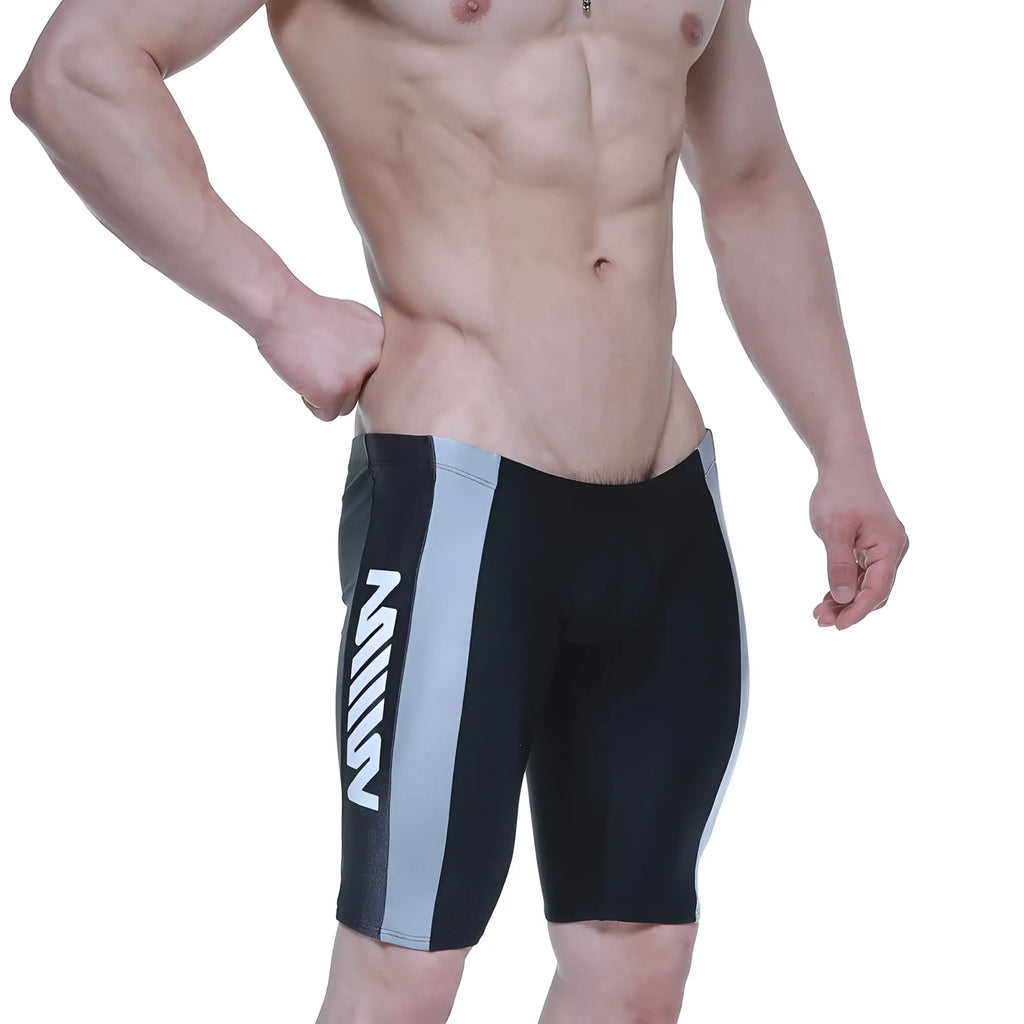 Black and gray athletic swim trunks with bold white z logo on the side metroMalewear new jammer swim boxer black 4994-20