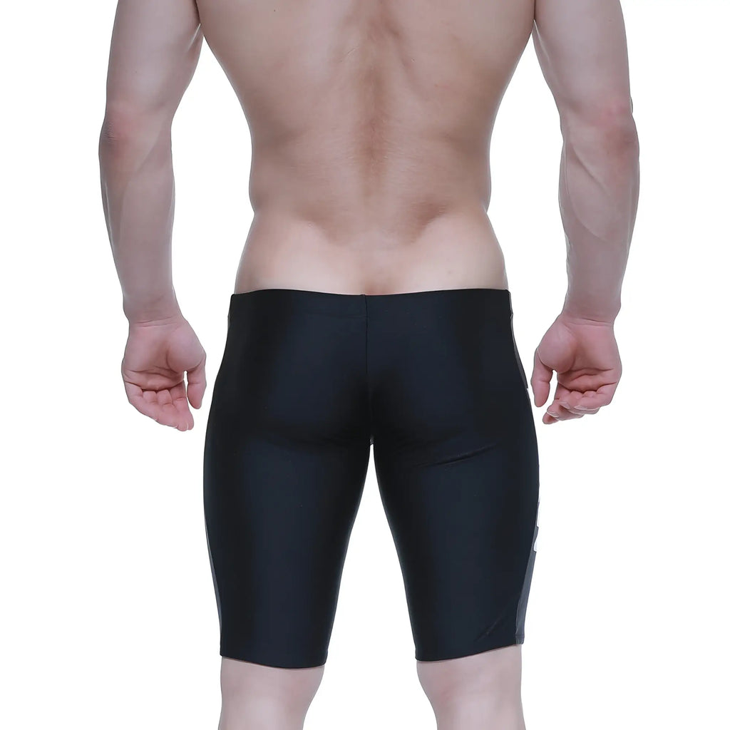 MetroMaleWear new jammer swim boxer black features form-fitting glossy fabric with subtle gray side panels