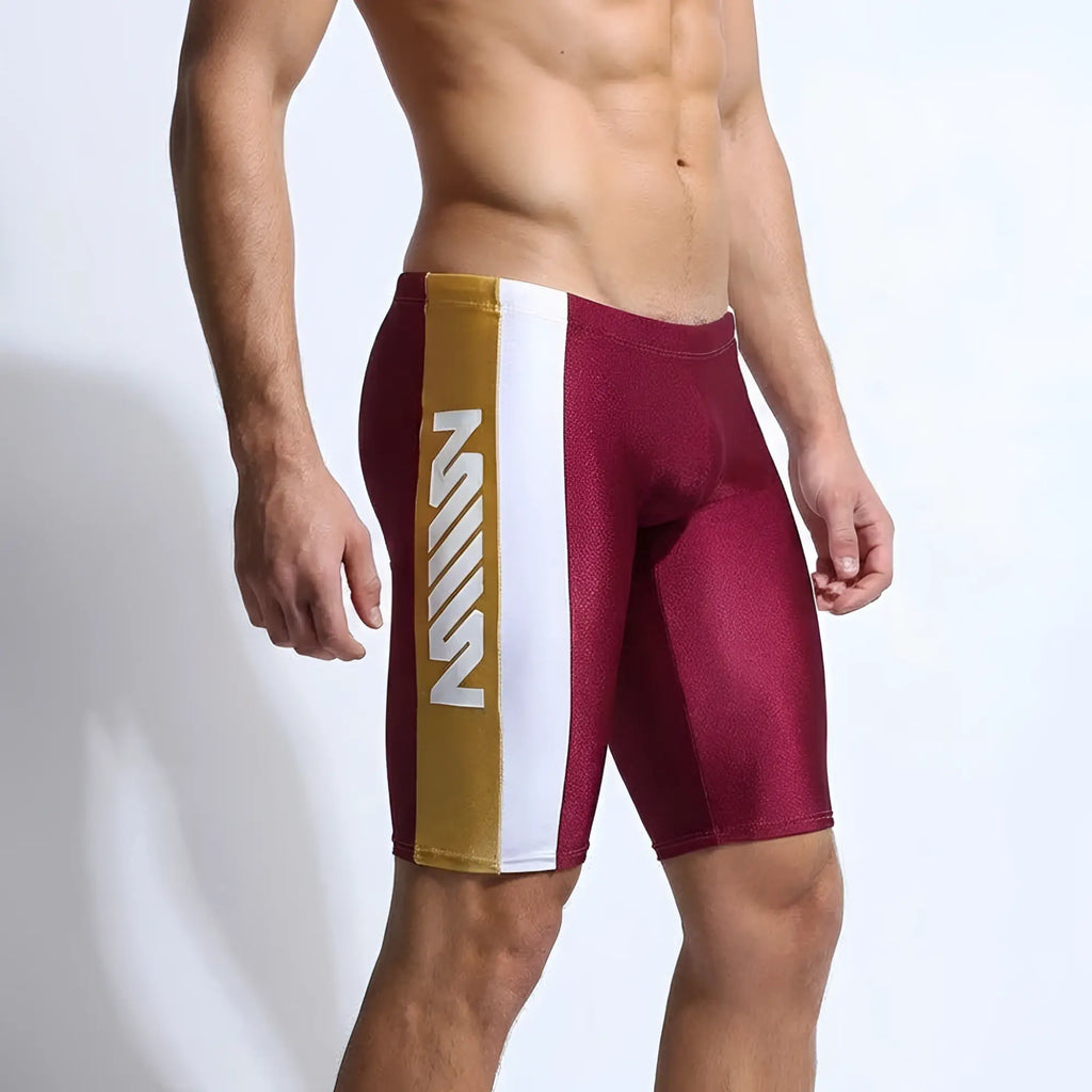 Maroon and gold metroamalewear new jammer swim boxer with white stripe and z logo designed for swimming use