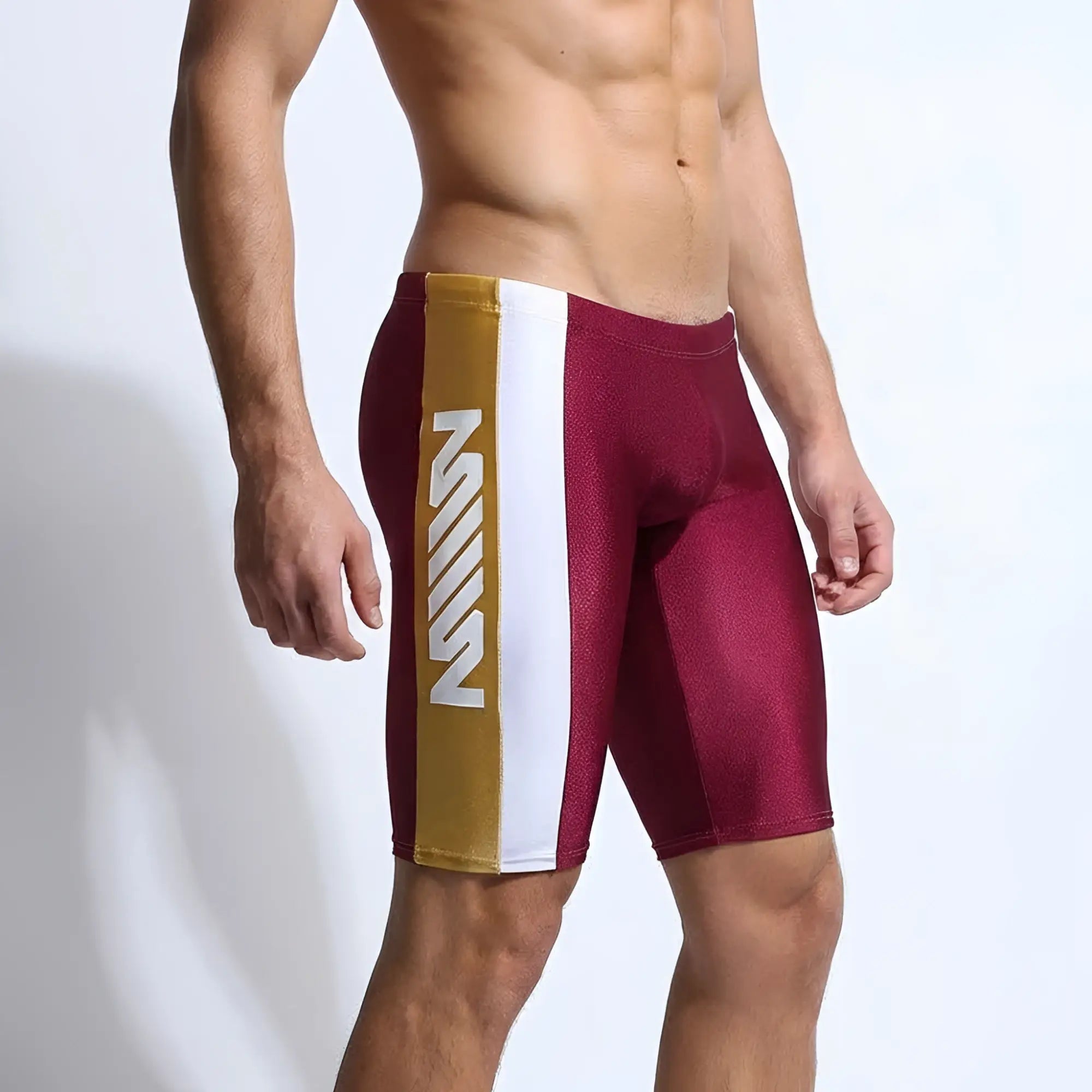 Maroon and gold metroamalewear new jammer swim boxer with white stripe and z logo designed for swimming use
