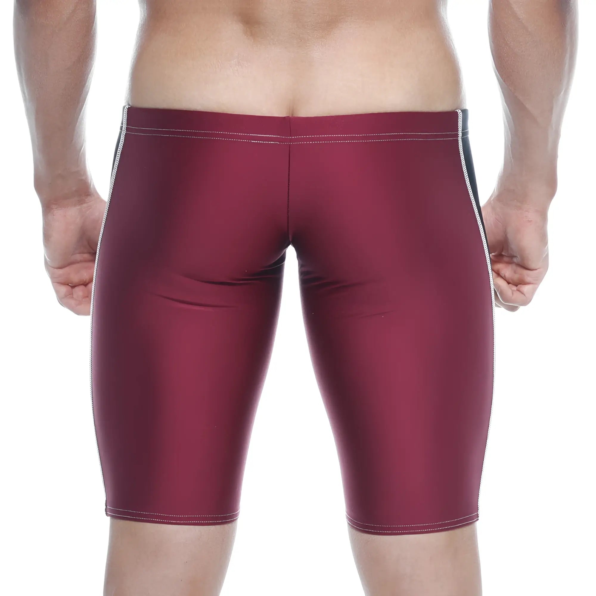 Metro male wear new jammer swim boxer burgundy maroon swim trunks with white and black side stripes
