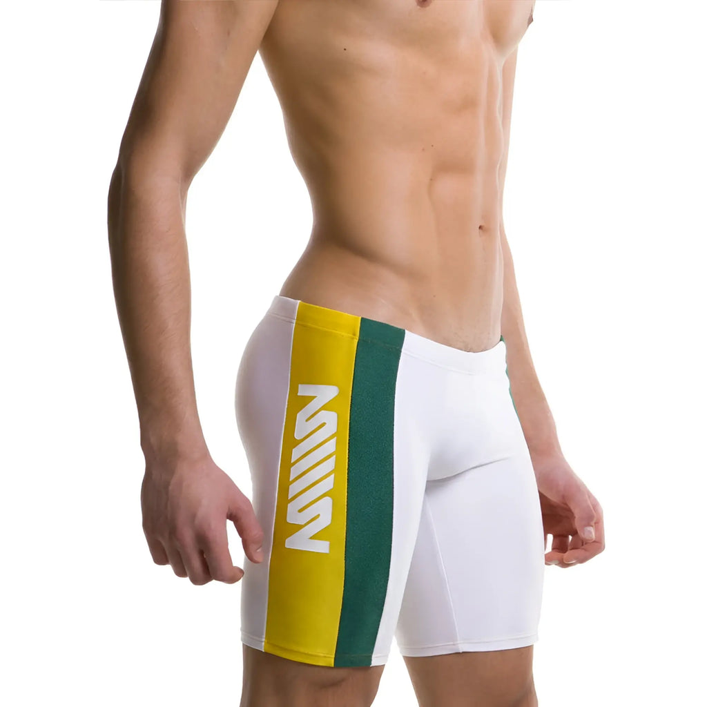 White metro male wear jammer swim boxer with bold yellow and green vertical stripe and mill branding
